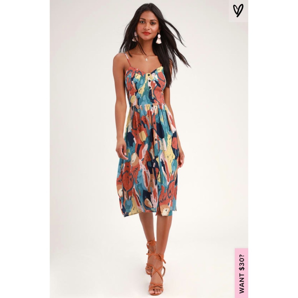 Eve Painted Tulip Multi Print Button-Up Midi Dress - image 1